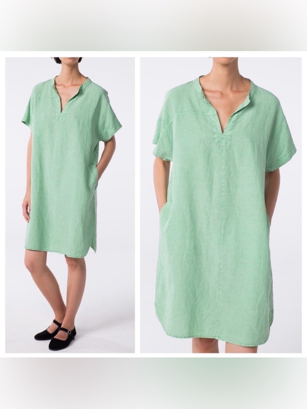 ischiko myso 904 green linen v-neck dress